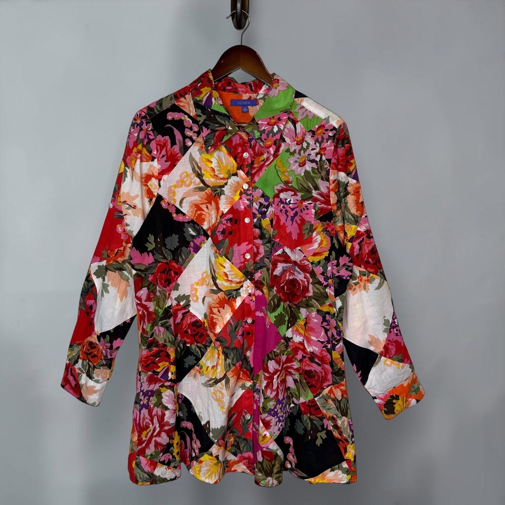 Indikka Patchwork Floral Button Up Tunic Top Roll Tab Sleeve Boho Cotton size XL